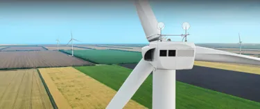 Dieses Bild zeigt eine Gondel des Windrades in Nahaufnahme. 