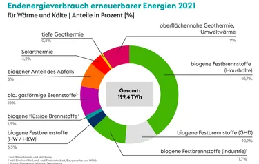 Grafik zum Endenergieverbrauch erneuerbarer Energien für Wärme und Kälte im Jahr 2021
