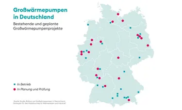 Karte: Großwärmepumpen in Deutschland. Bestehende und geplante Großwärmepumpenprojekte.