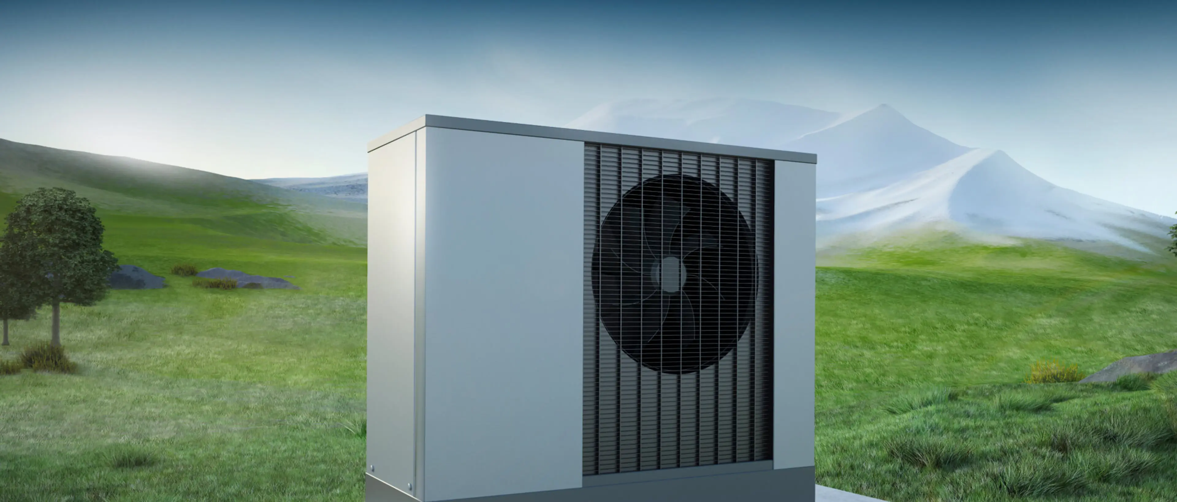 Wärmepume. Dieses Bild zeigt eine Wärmepumpe auf einer grünen Wiese. 