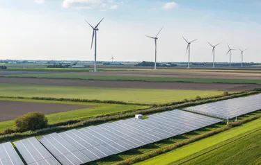 Agrarlandschaft mit PV-Anlage im Vorder- und Windrädern im Hintergrund