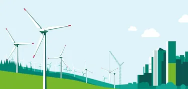 Die Illustration zeigt Windräder im Vordergrund einer Großstadt.