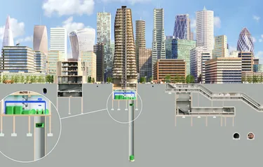 Rendering eines Gravitricity-Hubspeicherkraftwerks unterhalb eines Hochhauses