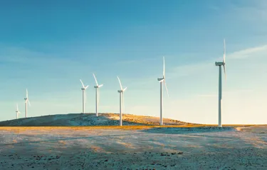 Eine Gruppe von sieben Windkraftanlagen steht in einer norddeutschen Landschaft
