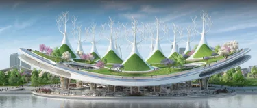 Visualisierung einer futuristischen, grünen Stadt