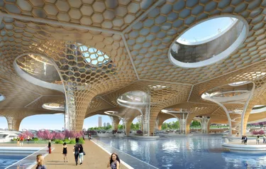 Architektonisches Rendering eines futuristischen Fährterminals, das vom belgischen Umweltarchitekten Vincent Callebaut entworfen wurde.