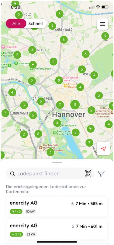 Die Grafik zeigt einen Ausschnitt aus der enercity easyGo-App.
