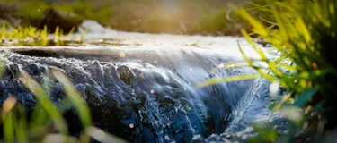 Strom und Energie aus Wasserkraft: Das Bild zeigt einen Bachlauf an einem sonnigen Tag.