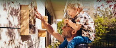 Vater mit Sohn am Insektenhotel