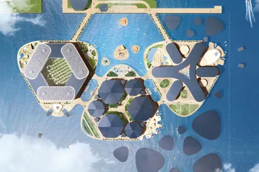 Dieser Entwurf zeigt modulare Inseln im Wasser, die variabel zu Dörfern und Städten verbunden werden können, aus der Vogelperspektive.