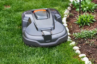 Richtig programmiert mähen Mähroboter selbst die Rasenkanten mit höchster Präzision. Dieses Bild zeigt einen selbstfahrenden Mähroboter, der gerade den Rasen mäht.