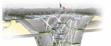 Architekturskizze des pyramidenförmig ins Erdreich hineinragenden Earthscrapers in Mexico City