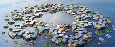 Rendering der vor der südkoreanischen Stadt Busan geplanten schwimmenden Stadt Oceanix Busan