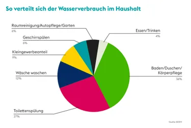 Die Grafik zeigt die Aufteilung des Wasserverbrauchs im Haushalt. Raumreinigung/Autopflege/Garten: 6%; Geschirrspülen: 6%; Kleingewerbeanteil: 9%, Wäsche waschen: 12%, Toilettenspülung: 27%, Essen/Trinken: 4%, Baden/Duschen/Körperpflege: 36%