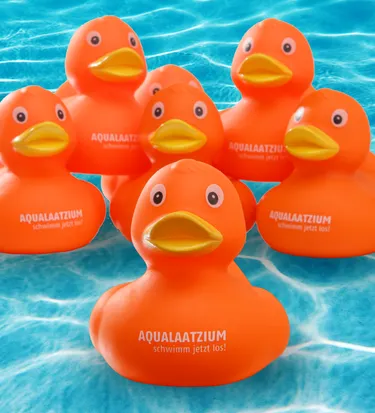 Orange Badeenten im Wasser
